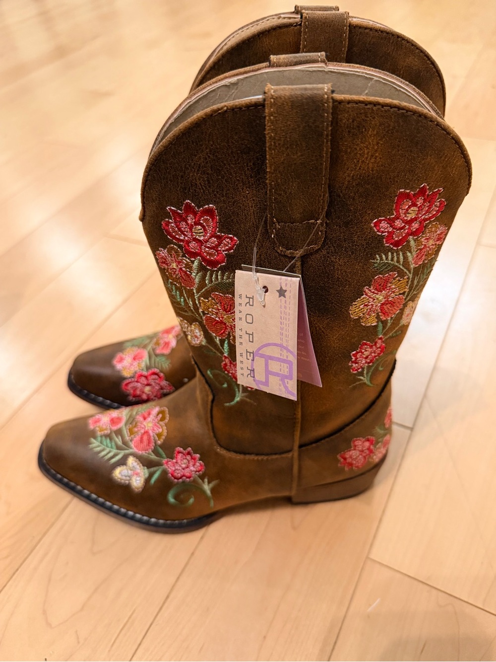 Roper Girls Juliet Floral Embroidered Cowboy Boots Brown Size 3 NWT